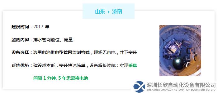 山東洛陽排水管網(wǎng)液位流量監(jiān)測，2017年建設(shè)，選用電池供電型管網(wǎng)監(jiān)測終端，現(xiàn)場無市電，井下安裝