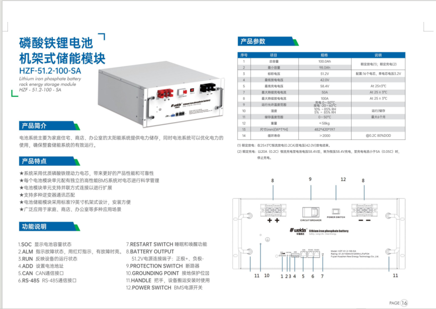 磷酸鐵鋰電池機(jī)架式儲能模塊 HZF-51.2-100-SA